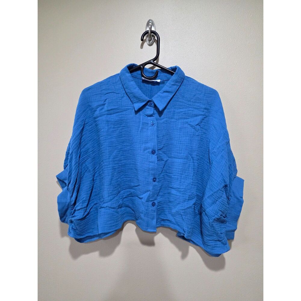 Talulah Blue 100% Cotton Gauze Cropped Button Up Top Flowy Boxy Shirt Size L - Picture 2 of 8
